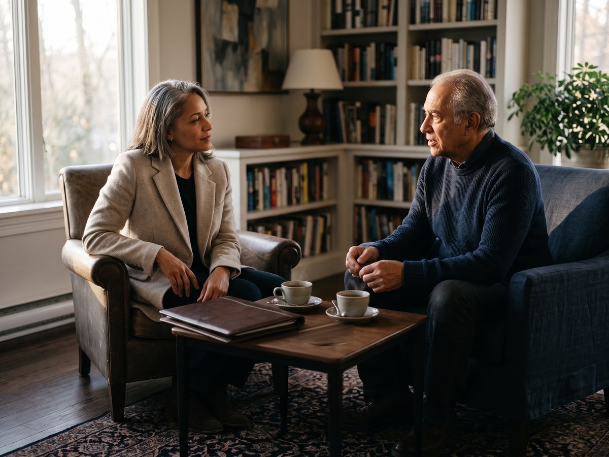 An advisor sitting with a client in an unhurried conversation at home, before any crisis.